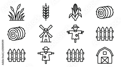 Canvastavla Farm Icons Set: Wheat, Corn, Hay Bale, Windmill, Scarecrow, Fence, Barn