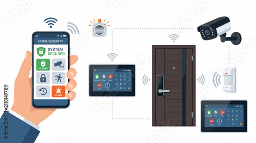 Vector Smart Home Security System Connected Devices and Mobile App Control