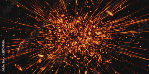 Foto Fiery Orange Explosion Particles Background - Sparks and Debris Bursting on Blac