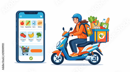 Vector Online grocery delivery service with a person on a scooter carrying groceries and a smartphone app showing food items