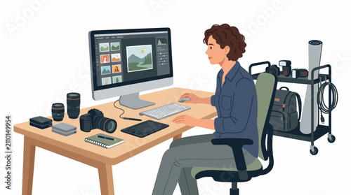 Vector Photographer editing photos on computer with camera equipment and accessories on desk