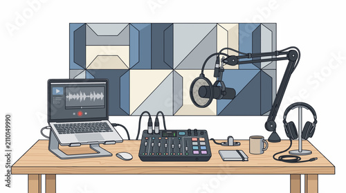 Vector Modern podcast studio setup with laptop audio mixer microphone and headphones on a wooden desk