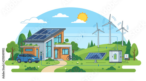 Vector Modern eco friendly house with solar panels wind turbines electric car and battery storage system