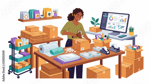 Vector Woman packing boxes for e-commerce fulfillment with computer analytics and shipping supplies