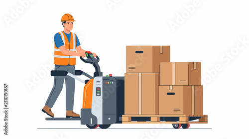 Vector Warehouse worker in safety vest and hard hat operating an electric pallet jack with stacked cardboard boxes