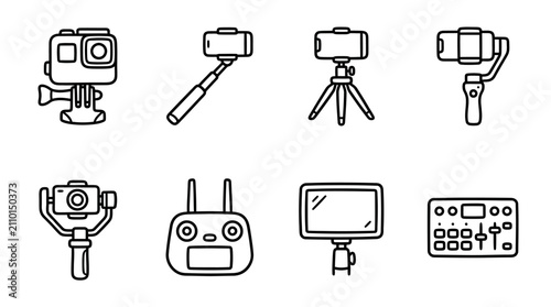 Bild auf Leinwand Video Equipment Icons: Camera, Gimbal, Tripod, Drone Remote, Light, Mixer