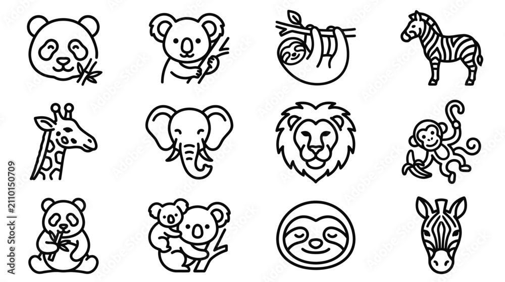 Fototapeta premium Cute Outline Animals Icons Set: Panda, Koala, Sloth, Zebra, Giraffe, Elephant, Lion, Monkey