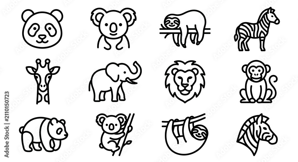 Obraz premium Cute Cartoon Animal Icons: Panda, Koala, Sloth, Zebra, Giraffe, Elephant, Lion, Monkey