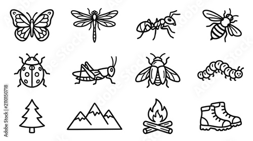 Set of Hand-Drawn Insects and Nature Icons: Butterfly, Ant, Bee, Ladybug, Mountains, Campfire