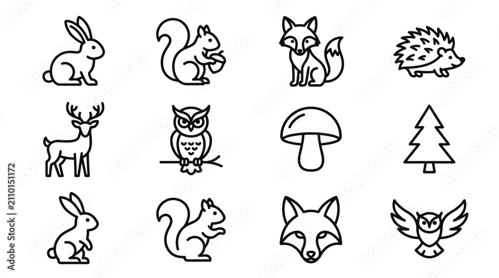 Fototapeta premium Forest Animal Icons Set: Rabbit, Squirrel, Fox, Hedgehog, Deer, Owl, Mushroom, Tree