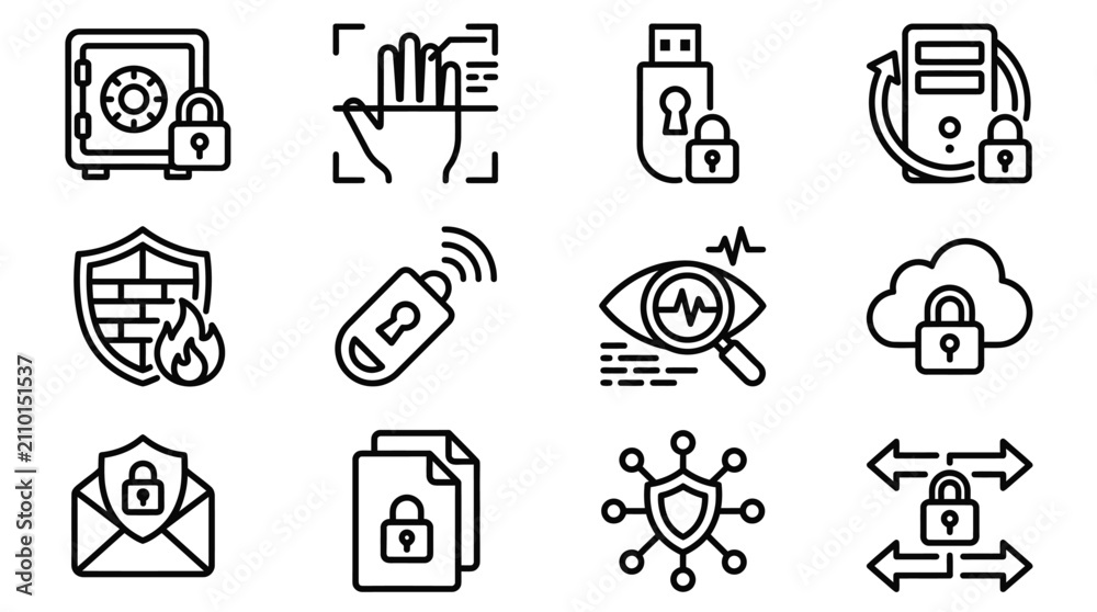 Fototapeta premium Cyber Security Icons: Data Protection, Network Security, Biometrics, Cloud Storage, Safe, USB