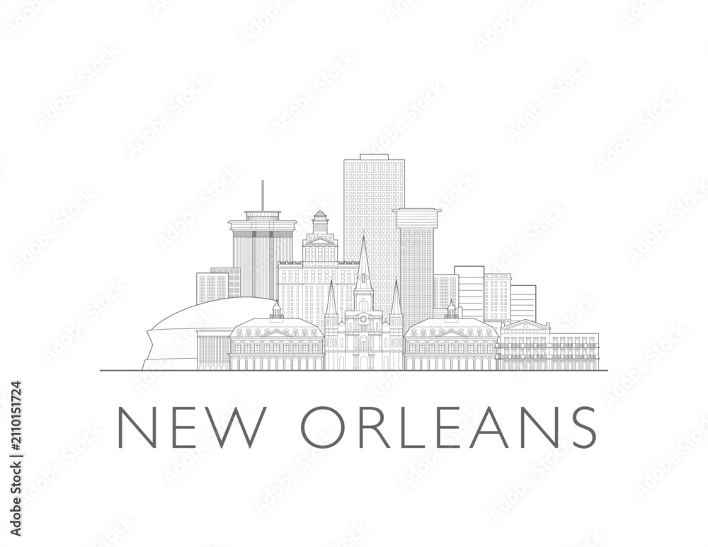 Obraz premium New Orleans city Louisiana skyline, USA. Urban cityscape with landmarks and monuments. Hand drawn line art digital skyline illustration.