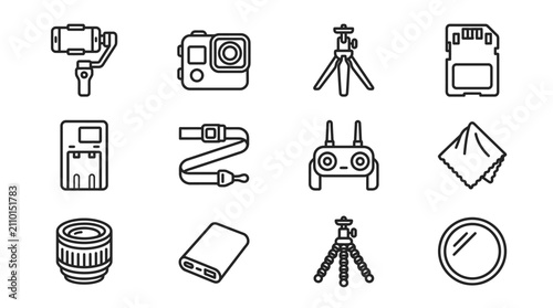Gadget Icons: Gimbal, Camera, Drone Remote, SD Card, Power Bank, Tripod, Lens