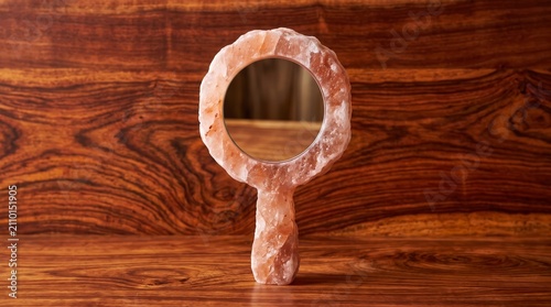 Artisanal Himalayan Pink Salt Hand Mirror Resting on Warm Polished Wood