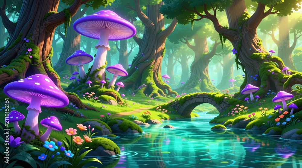 Obraz premium Mystical forest landscape with giant purple mushrooms. Small stone bridge crosses calm blue river in fantasy nature scene. Sunlight streams through thick old trees, green mossy woods. Magic woodland