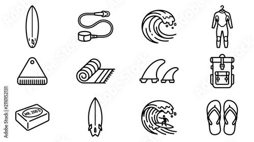 Bild auf Leinwand Surfing Icons Set: Surfboard, Wave, Wetsuit, Fins, Leash, Backpack, Flip Flops,