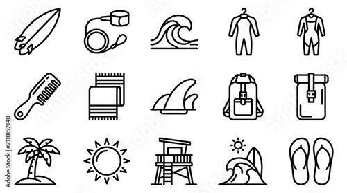Foto Surfing Gear Icons Set: Surfboard, Wetsuit, Towel, Waves, Sun, Palm Tree, Lifegu