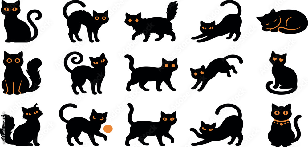 Fototapeta premium Set of black cat silhouettes in various poses isolated on a white background for halloween design projects