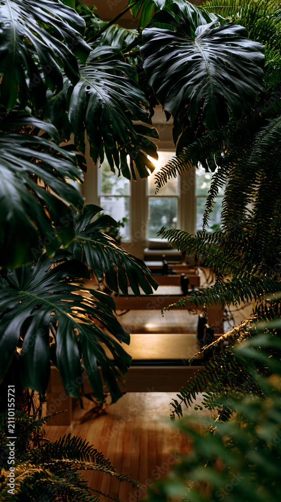 Fototapeta premium jungle foliage frame with serene pilates space, tropical leaf border in warm morning light, lush botanical foreground framing a bright wellness studio