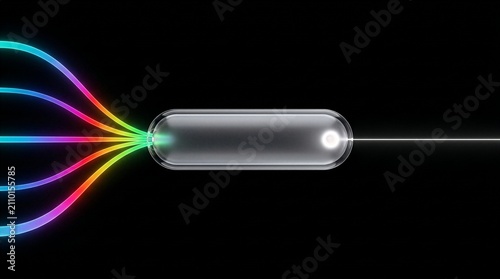 Abstract digital capsule merging colorful light rays into single focused white beam energy concept