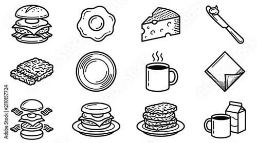 Fotografie Breakfast food icons: burger, egg, cheese, coffee, hash browns, milk, butter, na