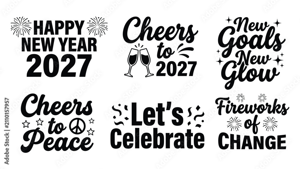 Fototapeta premium Set of typography designs for new year celebration with typographic designs celebrating festive slogans champagne