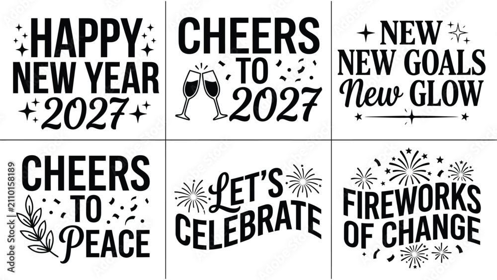 Obraz premium Set of six festive new year 2027 typography designs for holiday celebration and seasonal greeting card projects