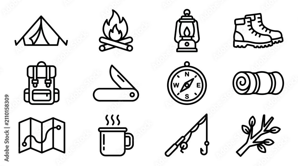 Fototapeta premium Camping and Hiking Icons: Tent, Fire, Lantern, Boots, Backpack, Knife, Compass, Sleeping Bag
