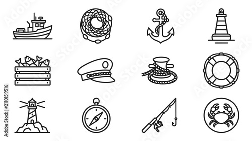 Cuadro en lienzo Nautical Icons Set: Fishing Boat, Anchor, Lighthouse, Compass, Crab, Rope