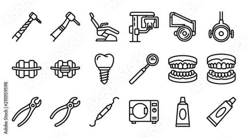 Slika na platnu Dental Care Icons: Tools, Braces, Implants, Teeth, Chair, X-ray, Sterilizer