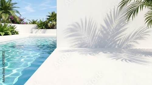 A serene tropical swimming pool scene with white walls and soft palm leaf shadows on a sunny day