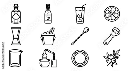 Bild auf Leinwand Cocktail Making Icons: Gin Bottle, Ice Bucket, Shaker, Jigger, Stirrer, Citrus,