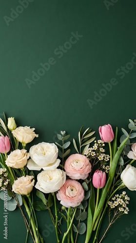 Vibrant bouquet of pink and white roses, tulips, and small white flowers against a deep green flowers, floral, bouquet, roses, tulips