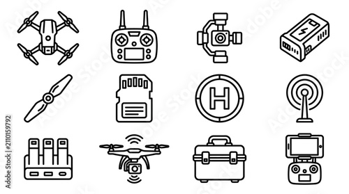 Fotografía Drone Technology Icons: Quadcopter, Remote Control, Gimbal, Battery, Propeller,