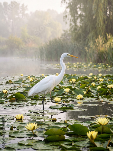 Fotografie A graceful great egret wades through a tranquil lily-covered wetland at sunrise, surrounded by blooming yellow water lilies and soft morning mist