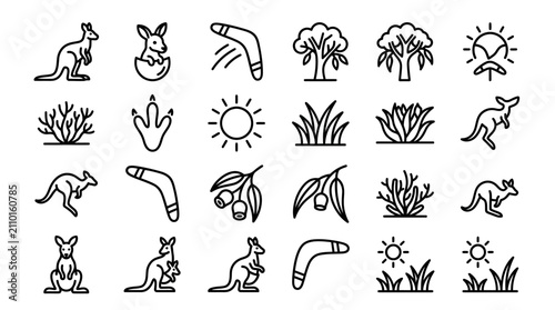 Foto Australian Icons: Kangaroos, Boomerangs, Eucalyptus, Sun, and Bushland Line Art