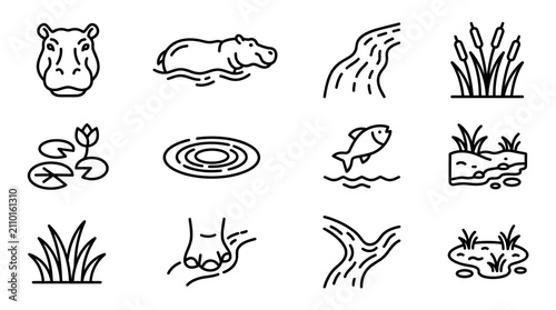 Foto Hippopotamus Icons: Wildlife, Water, River and Nature Elements Line Art