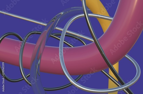 Abstract 3D render of intertwining metallic wires, glass and colorful geometric tubes on a blue background