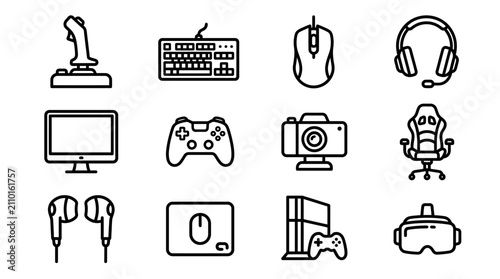 Gaming Gear Icons: Joystick, Keyboard, Mouse, Headset, Monitor, Controller, VR