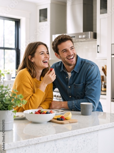Happy young couple laughing in a modern kitchen. Cheerful man and woman enjoying fresh fruit breakfast together. Relationship and lifestyle concept