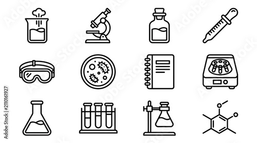 Science Laboratory Icons: Microscope, Beaker, Test Tubes, Pipette, DNA, Chemistry Symbols