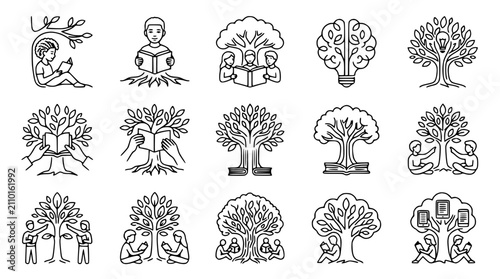 Educational Concept Icons of Children Reading Books Under Knowledge Trees and Learning Symbols Set