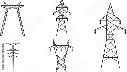 Schilderij op canvas Collection of black and white line of various voltage power pylons electricity t