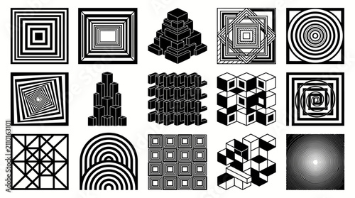 Geometric op art vector set, 15 abstract black and white optical illusion icons, modern minimalist line art patterns and 3D isometric shapes