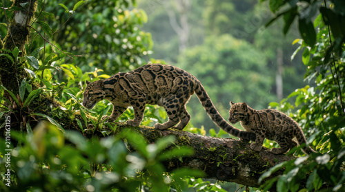 Two Clouded Leopards Walking on a Tree Branch in a Lush Forest.