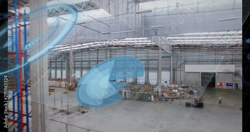 Translucent blue circle appearing, rotating and drifting across warehouse to show pallet layout