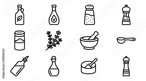 Fotografie Cooking Ingredients Icons: Oil, Vinegar, Salt, Pepper, Herbs, Mortar & Pestle, M
