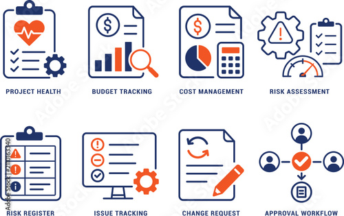 Project Risk and Governance Colored Icons Set Vector, Budget Monitoring, Approval Process and Issue Tracking Collection
