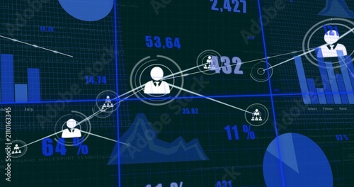 Foto On select central node pulsing, radiating links across business grid showing cha