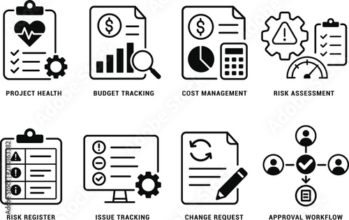 Project Governance Icons Set Vector, Risk Assessment, Budget Tracking, Issue Management and Approval Workflow Line Art Collection